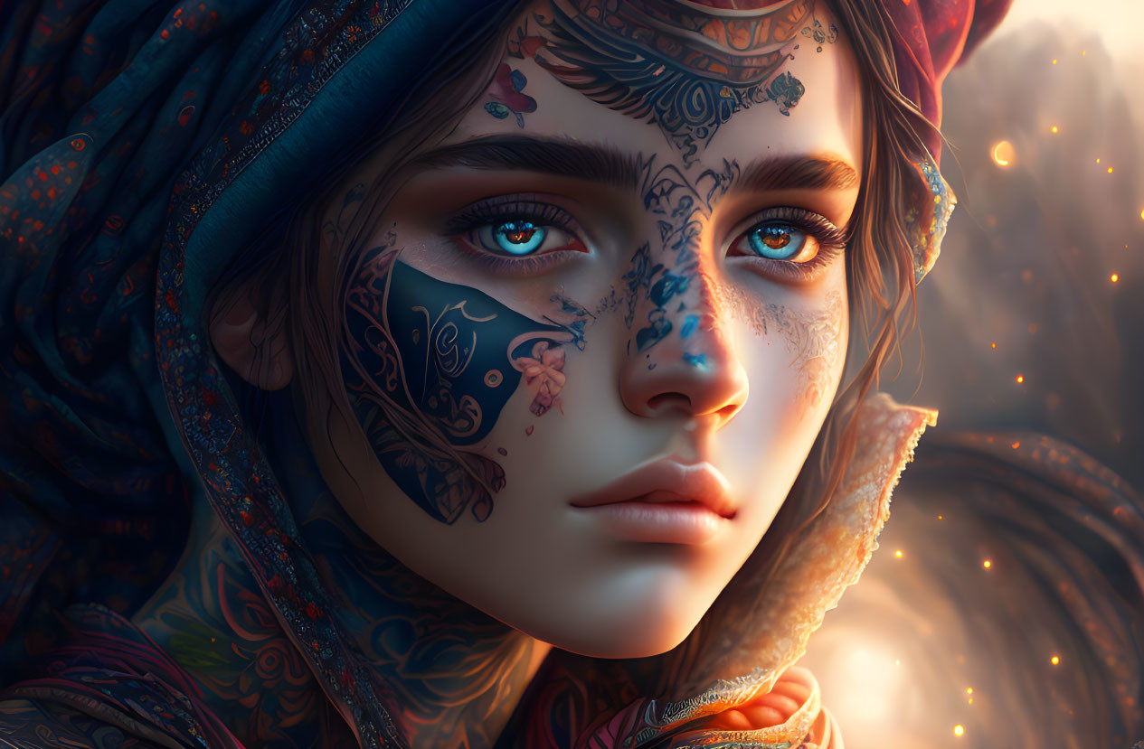 Detailed portrait of woman with facial tattoos and blue eyes in headscarf