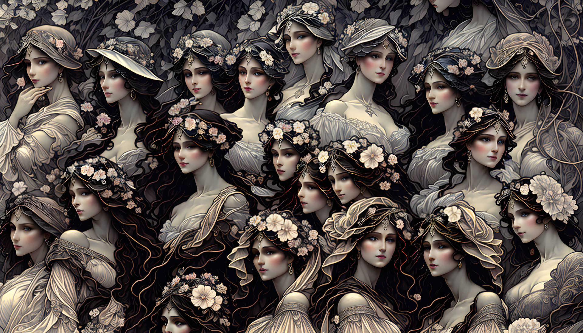 Detailed Illustration of Women with Floral Hats in Repeating Pattern