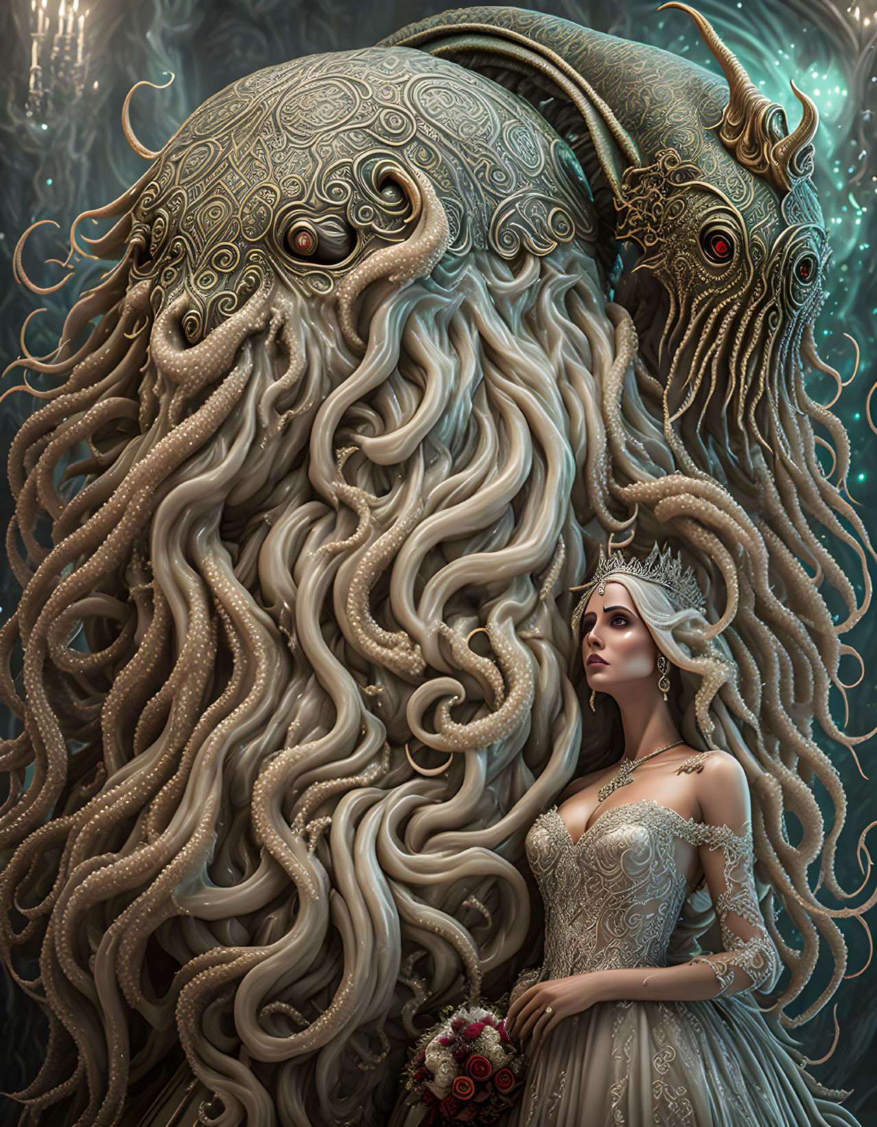 Elaborately dressed woman with tentacled creature in intricate setting