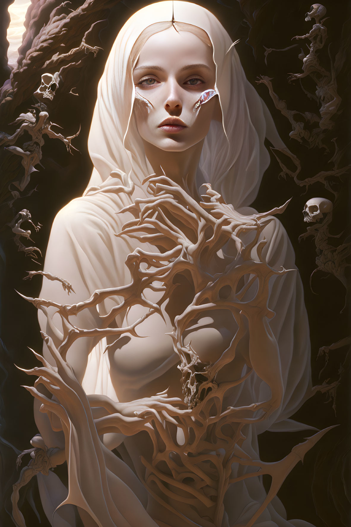 Mystical pale woman in white veil among twisted roots and branches