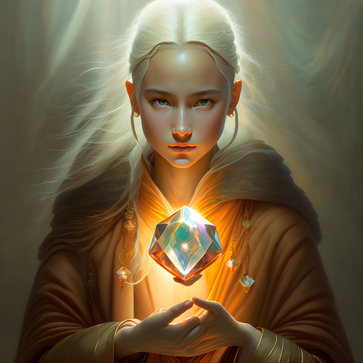 Ethereal figure with white hair holding luminous crystal in golden light