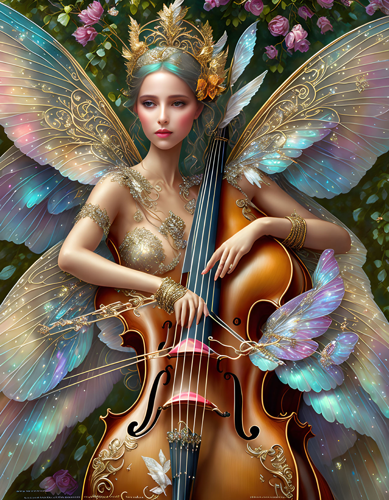 Ethereal fairy playing cello surrounded by flowers and butterflies