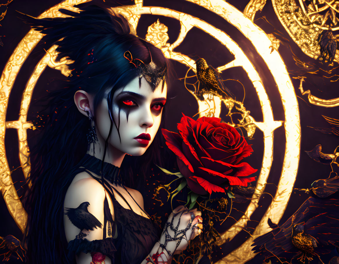 Gothic fantasy figure with dark makeup holding red rose, surrounded by ornate patterns and blackbirds