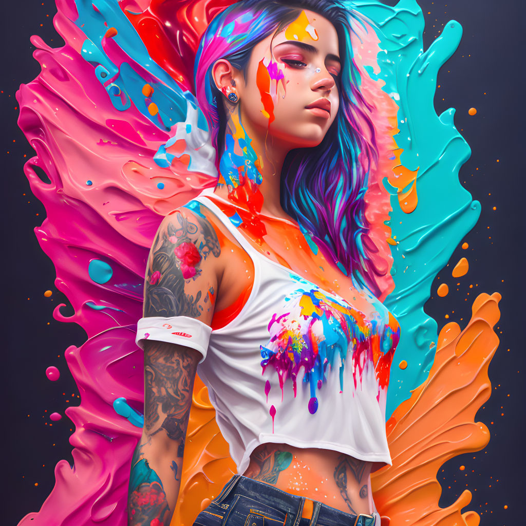 Colorful Tattooed Woman with Blue Hair in Abstract Paint Splashes