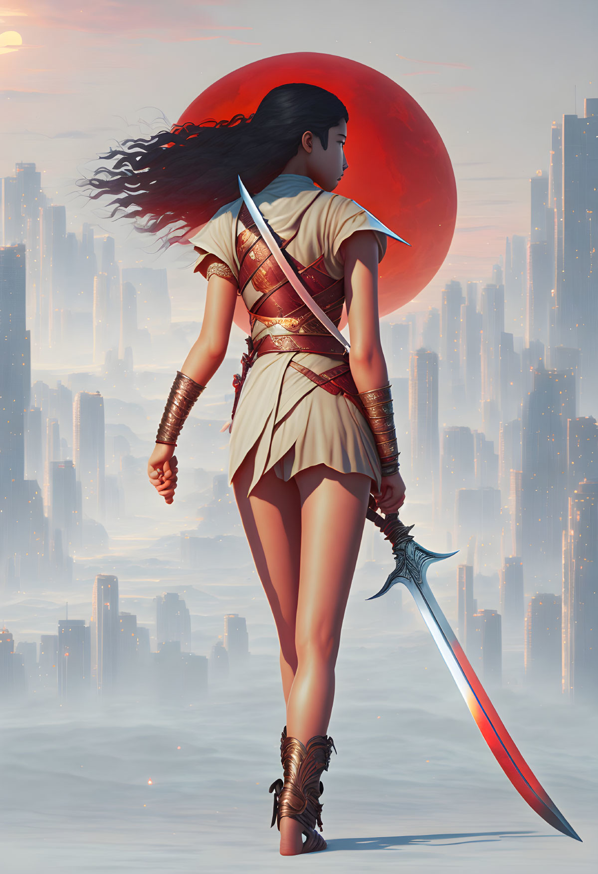 Warrior woman in white and gold outfit with red cape, holding intricate sword, against red moon and