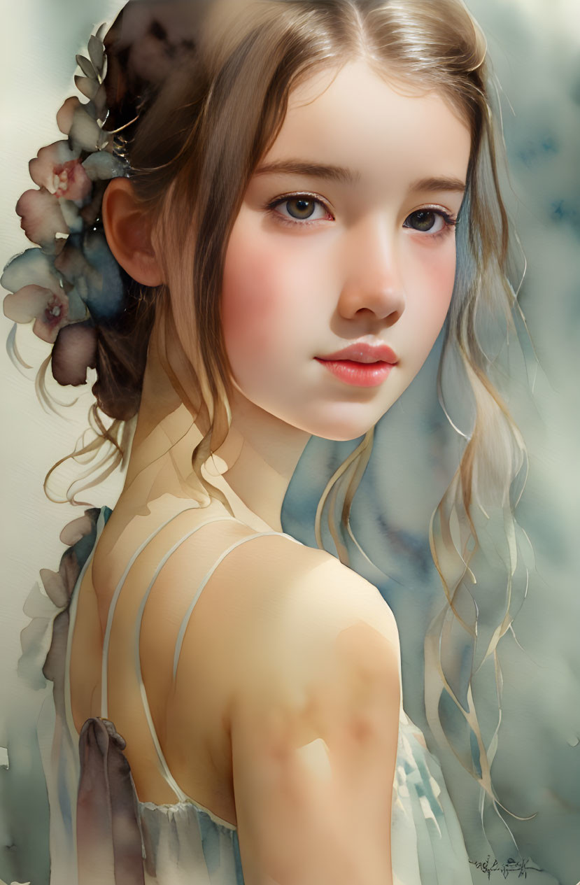 Young girl with wavy hair and floral adornment in digital painting