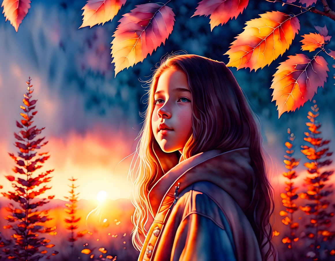 Girl in Autumn Scenery with Vibrant Orange Leaves and Warm Sunset