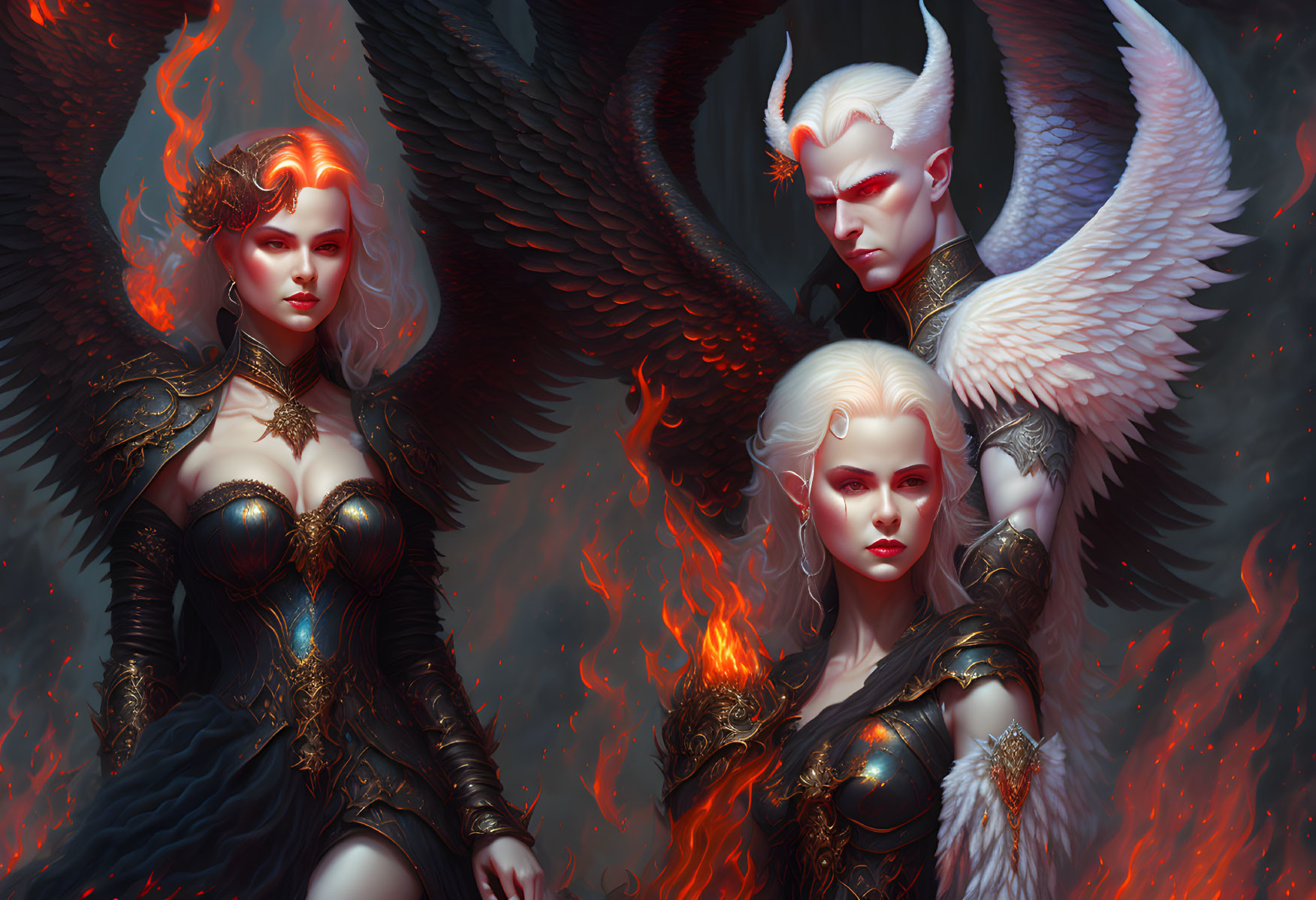 Majestic fantasy characters with angelic wings and fiery elements