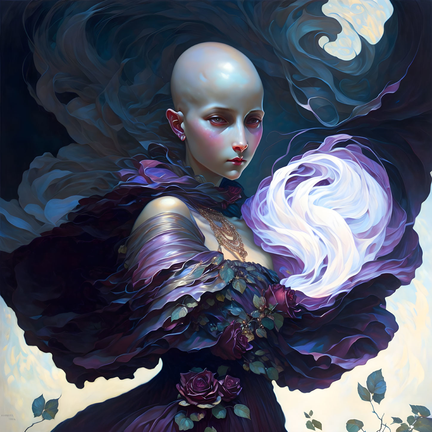 Bald Figure with Dark Collar and Floral Accents Holding Swirling Light