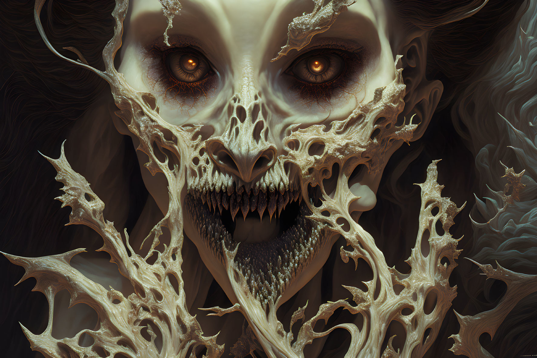 Fantasy portrait of a creature with skull-like face and orange eyes