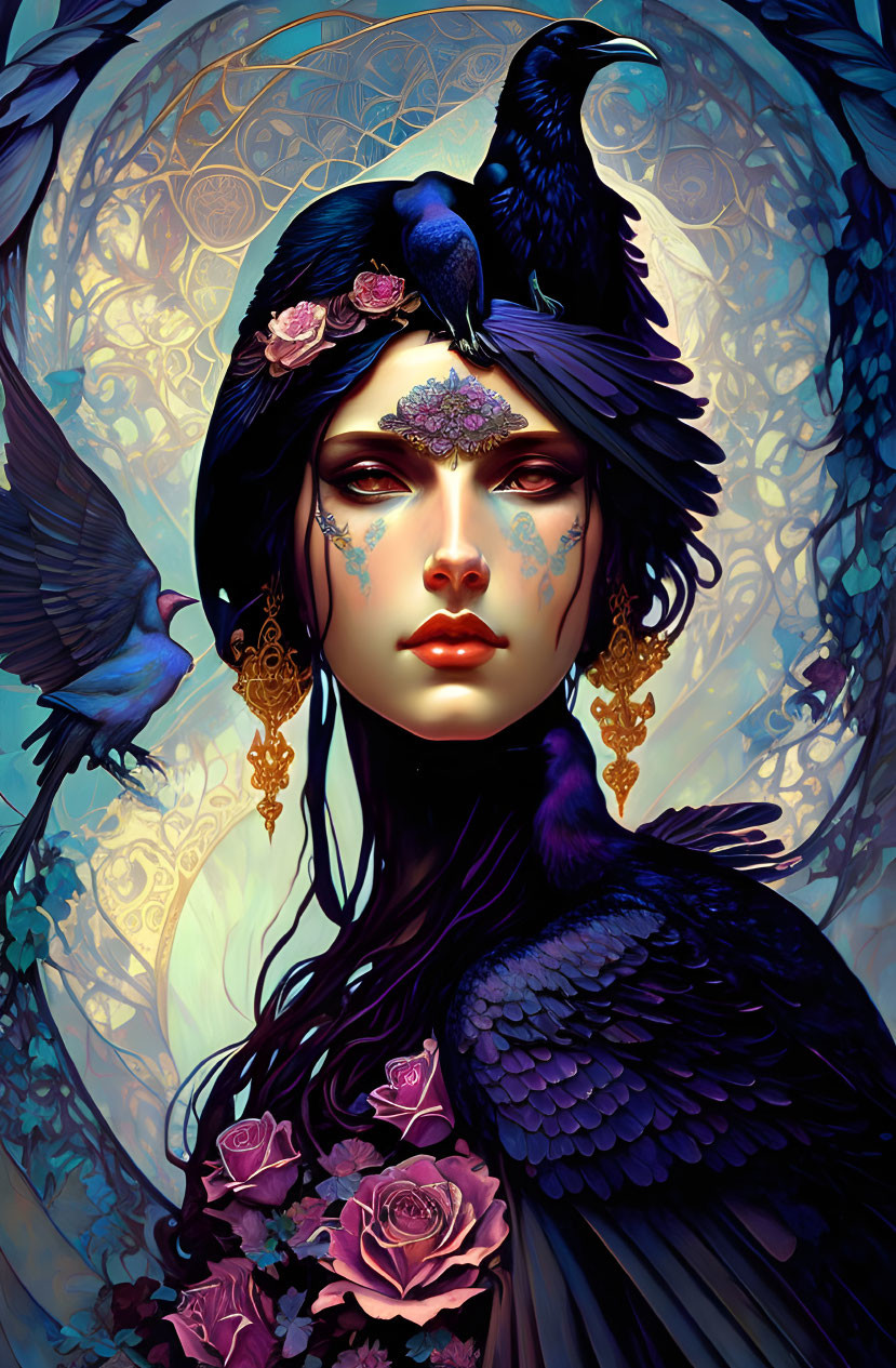 Dark-haired woman with flowers and raven in mystical fantasy illustration