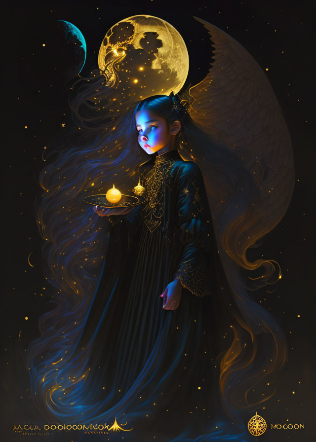 Ethereal winged girl with candle under crescent moon in starry sky