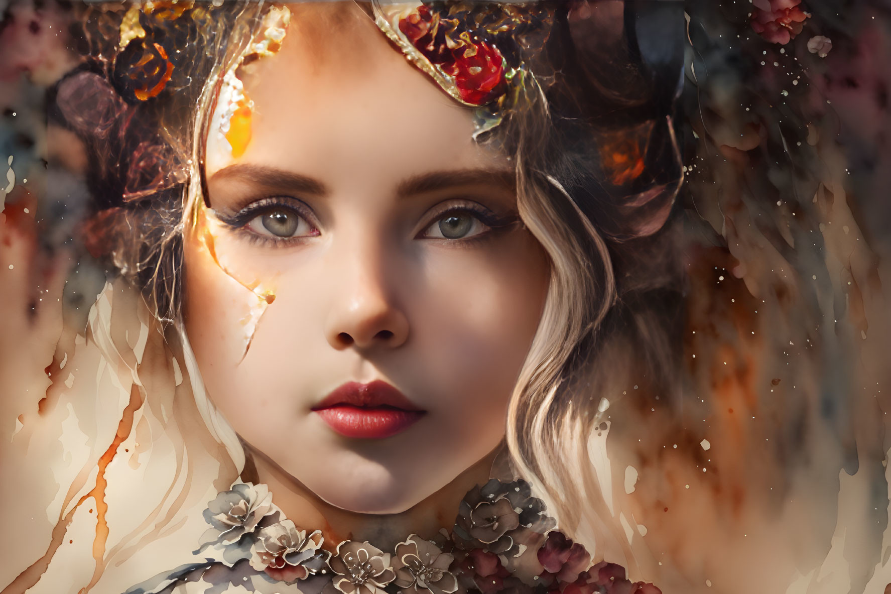 Young woman with blue eyes and decorative headpiece in dreamlike backdrop