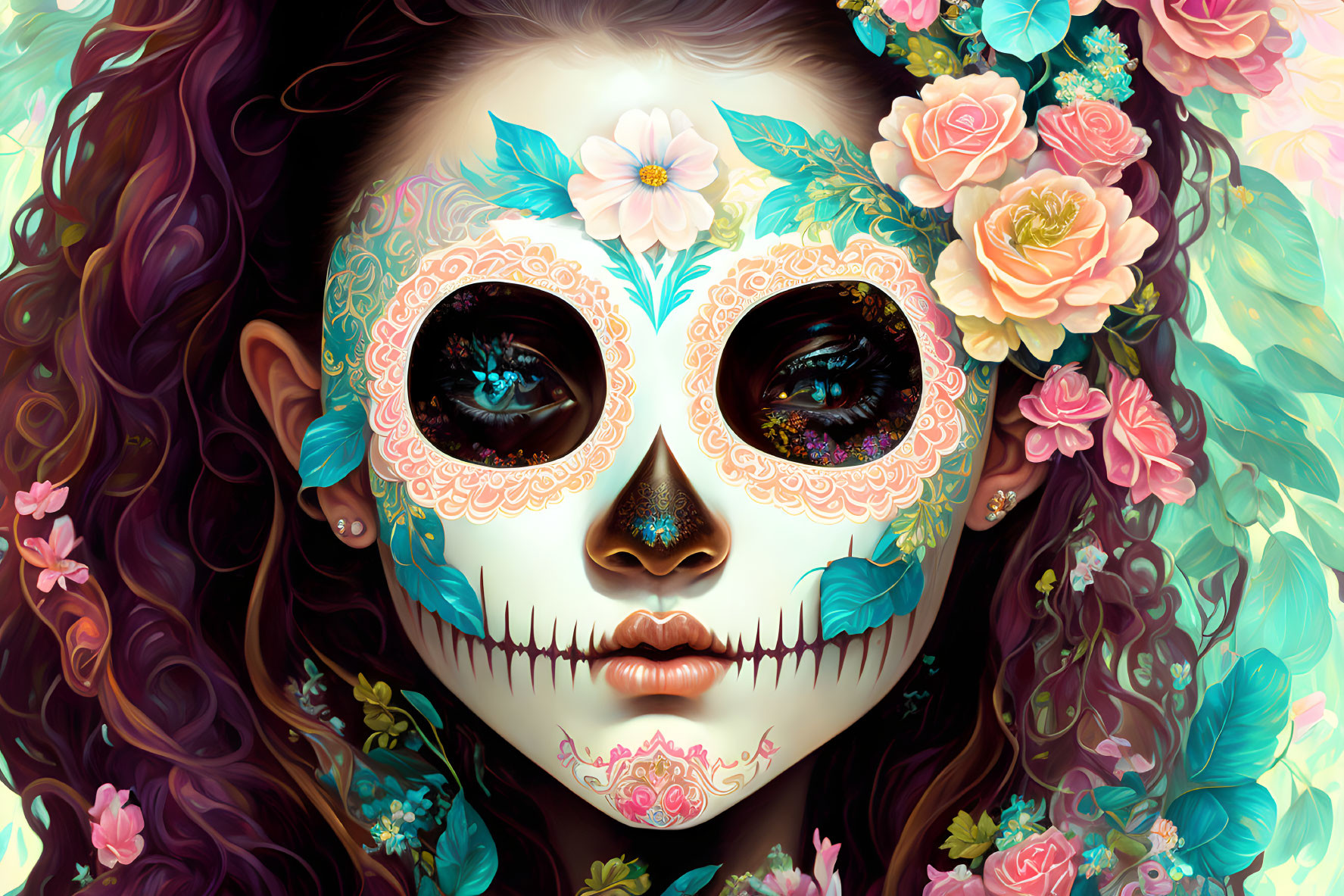 Colorful Day of the Dead sugar skull makeup on person in floral pattern illustration