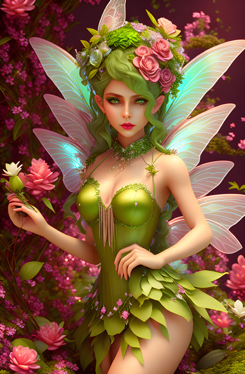 Fairy with Green Hair, Flower Adornments, Iridescent Wings, Leafy Garment