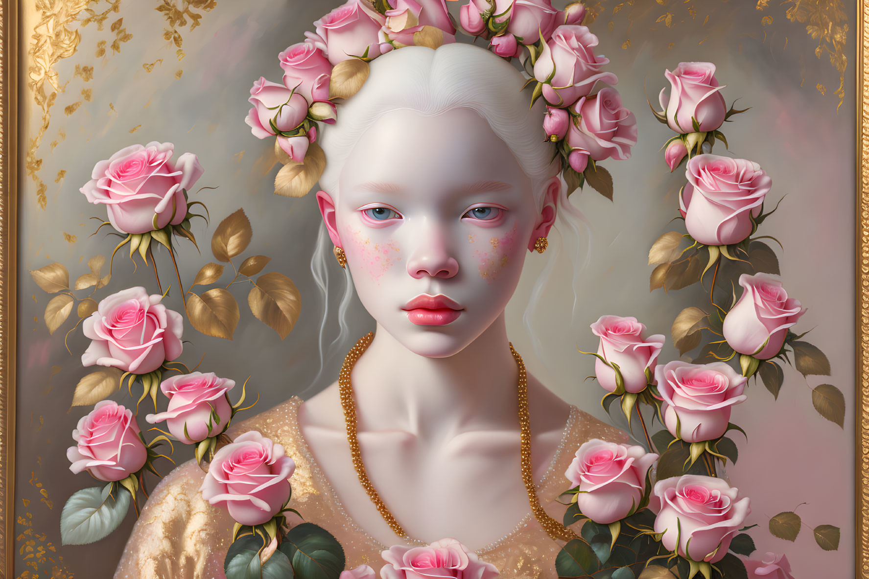 Portrait of woman with pink rose crown, alabaster skin, golden eyes, and rose blush