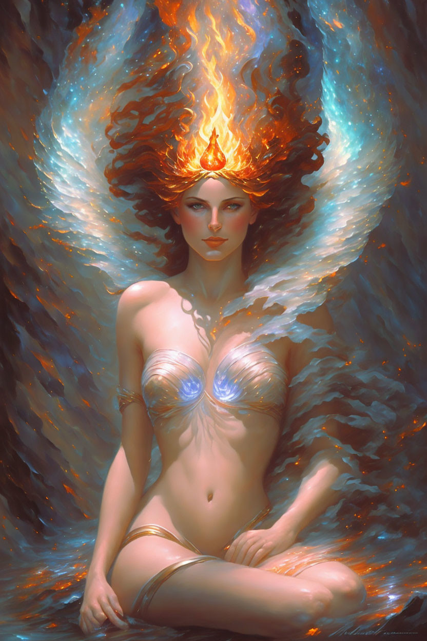 Fantasy artwork: Woman with fiery crown and mystical aura