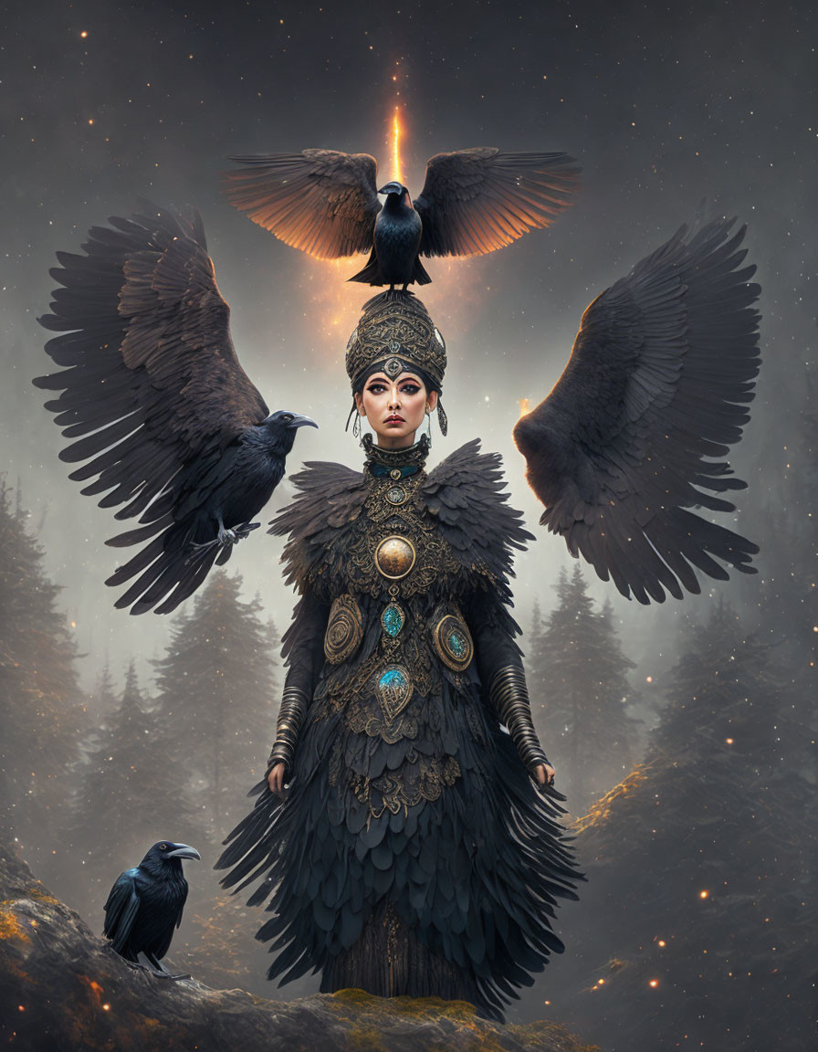 Regal figure in feathered armor surrounded by flying ravens in mystical forest