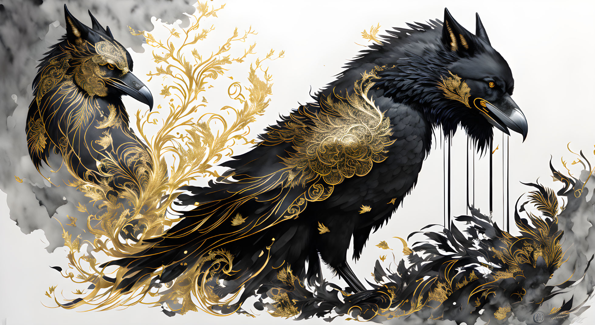 Stylized ravens with gold and black feathers on light background