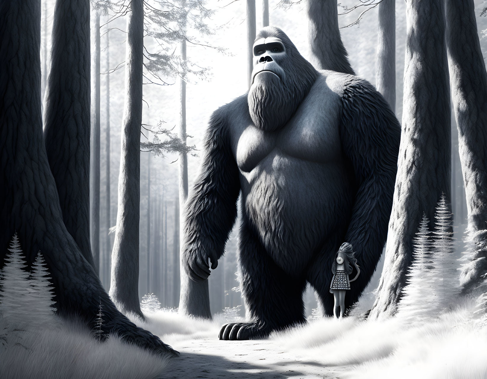 Gorilla and girl in foggy forest show unexpected companionship