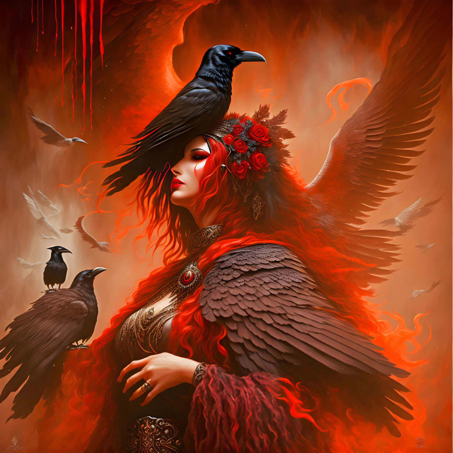 Fantasy illustration of red-haired woman with wings and crow in fiery setting