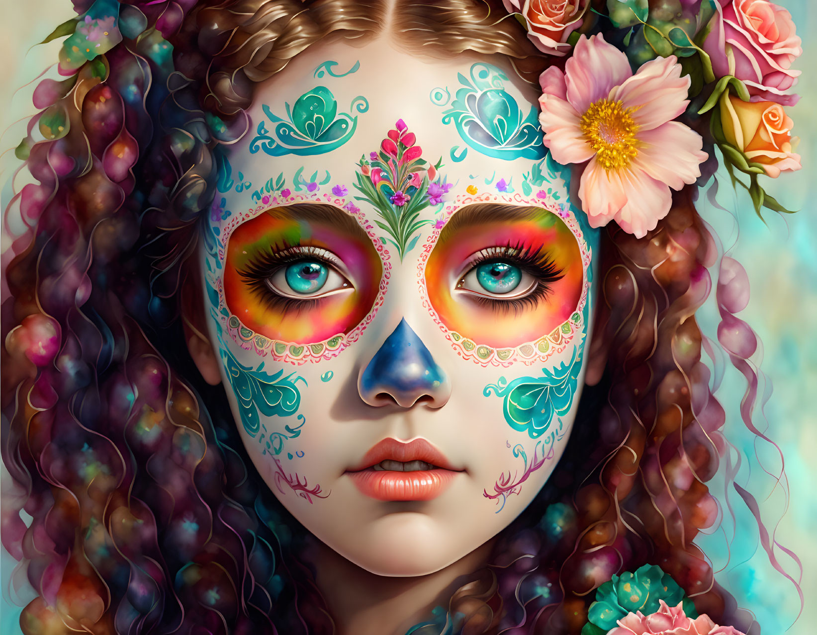 Colorful sugar skull face mask portrait with floral patterns and vibrant colors.