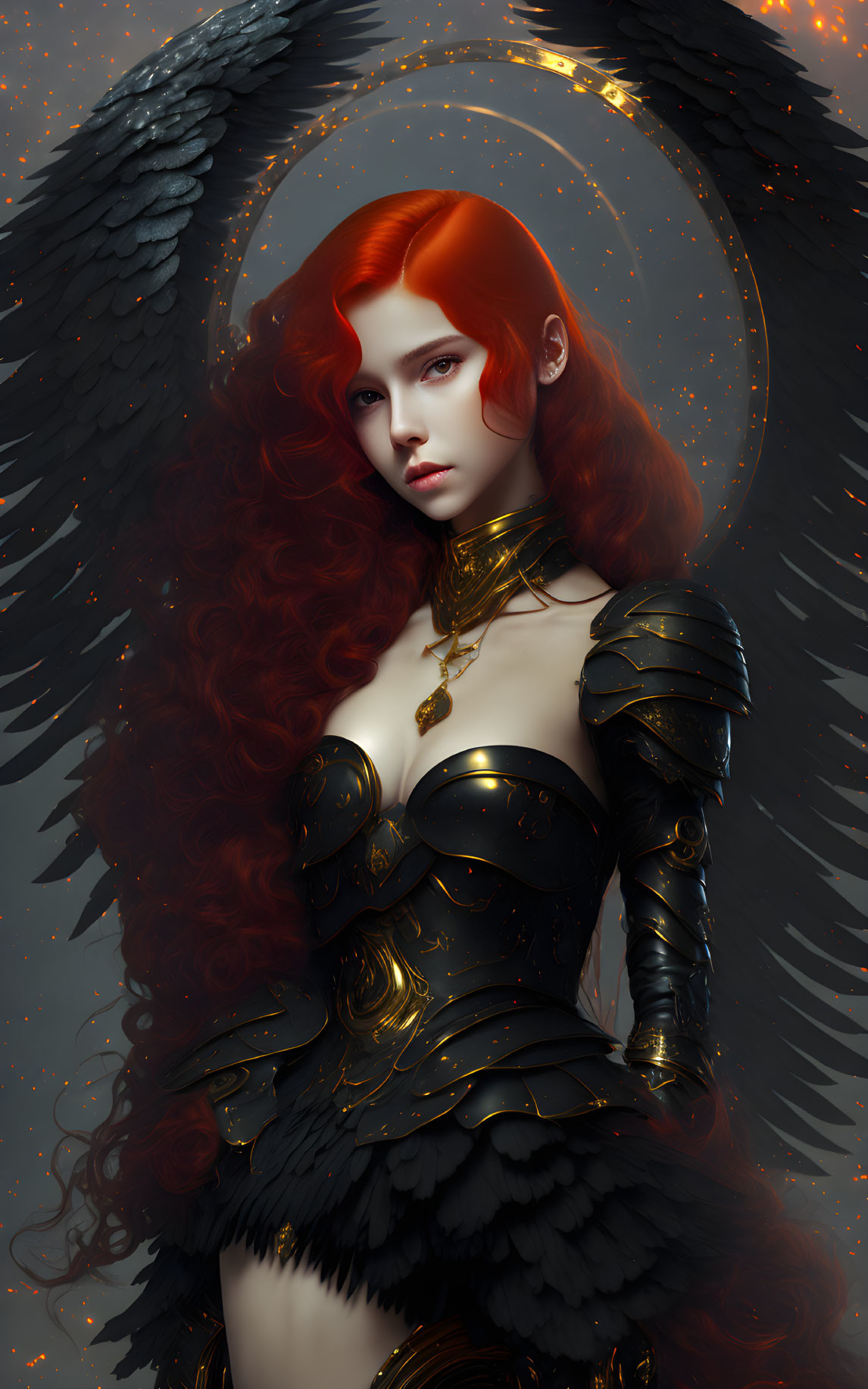 Digital Artwork: Woman with Red Hair, Black Armor, Gold Accents, Dark Angel Wings