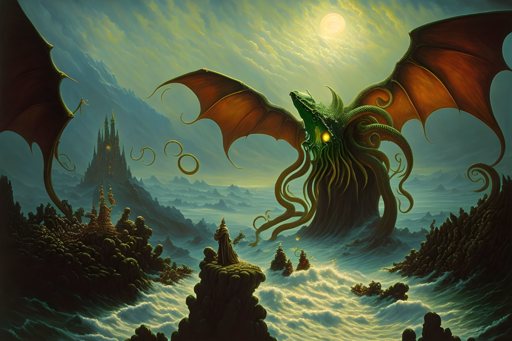 Fantastical landscape with flying dragon-like creature and towering spires