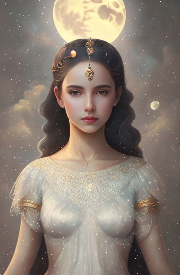 Serene woman with ornate headpiece under twilight sky with large moon