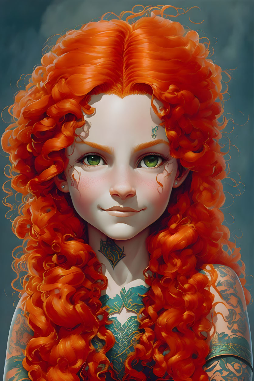 Portrait of a person with red curly hair, green eyes, freckles, and visible facial tattoos