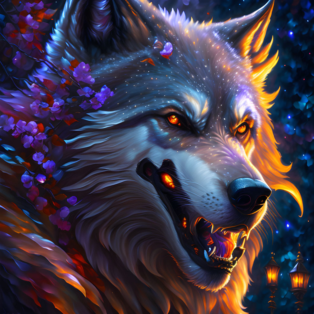 Mythical wolf with glowing eyes and floral fur on starry night