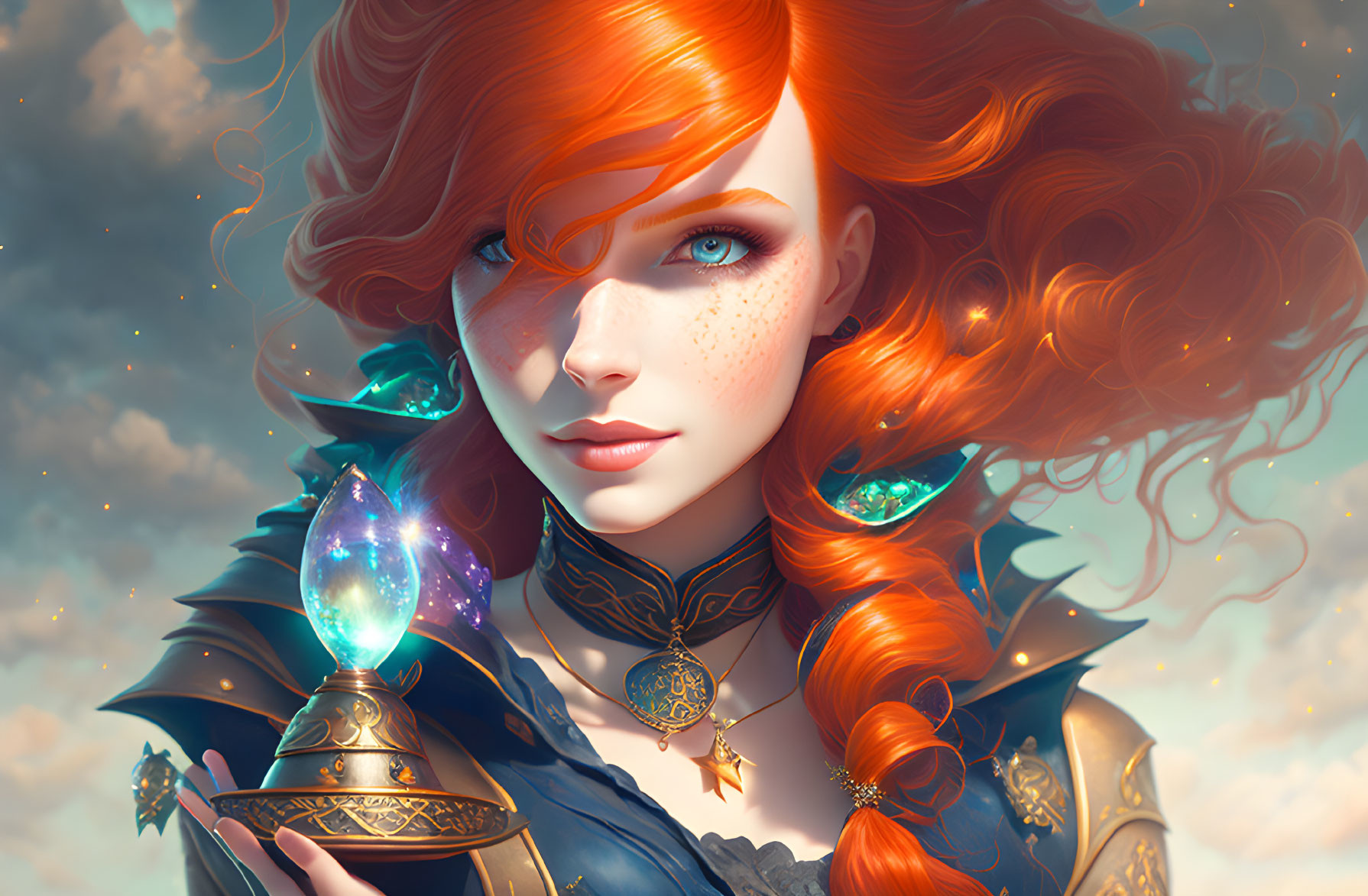 Vibrant red-haired woman with crystal and jewelry portrait