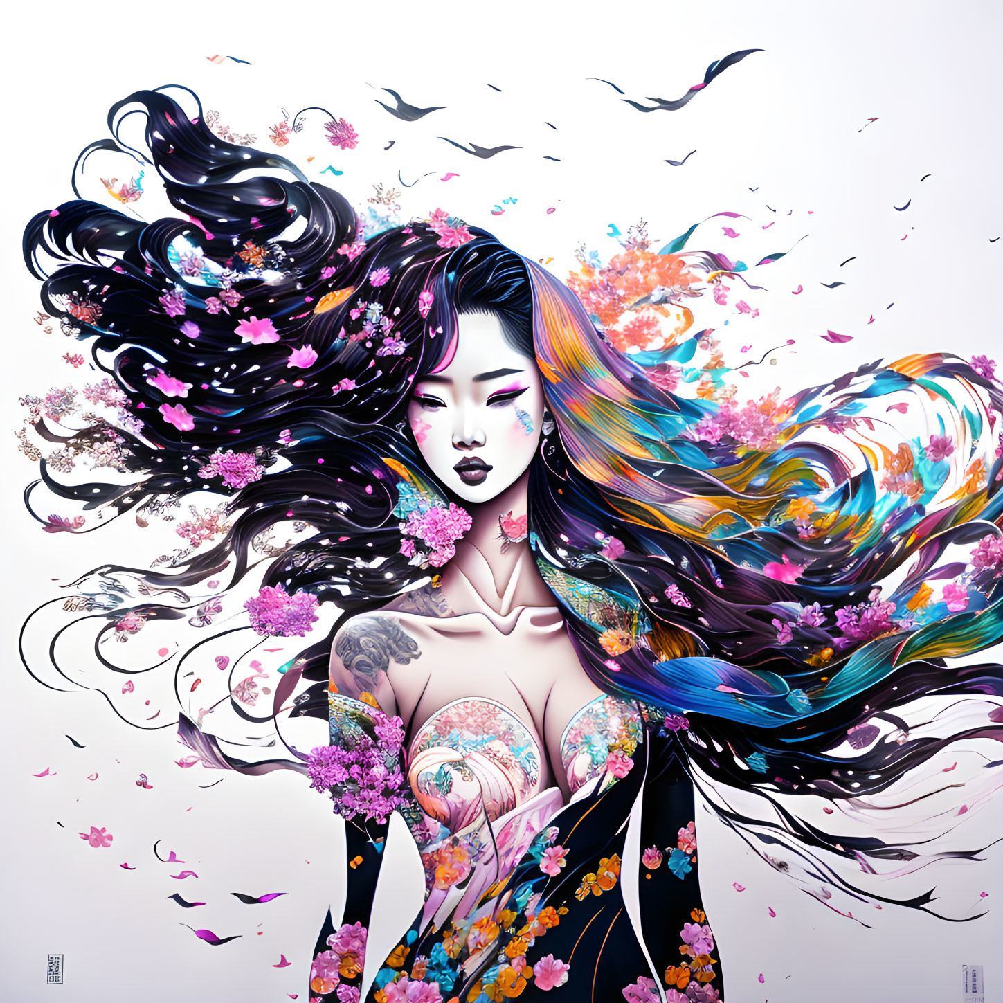 Woman with flowing hair, flowers, and birds on light background