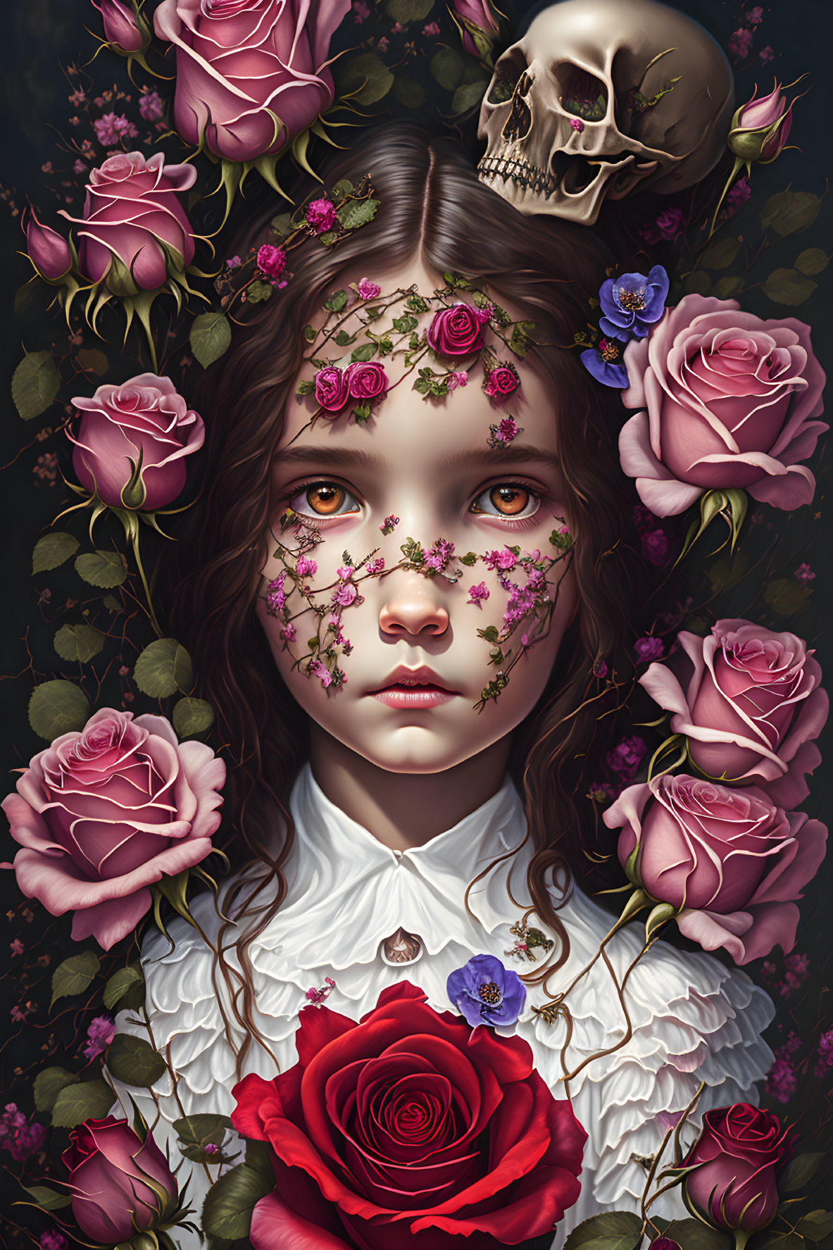 Portrait of girl with floral and skull face paint among roses and ivy