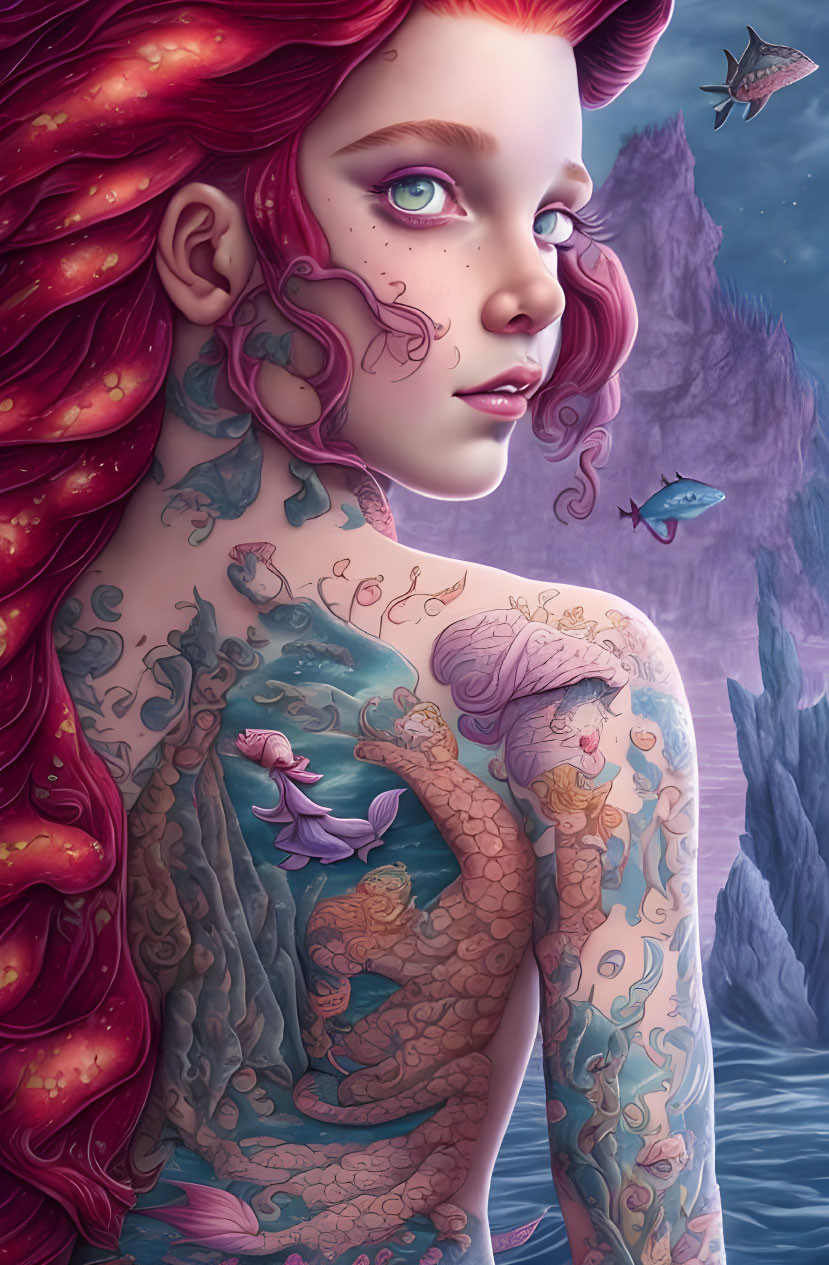 Red-haired woman with sea-themed tattoos and surreal oceanic backdrop.