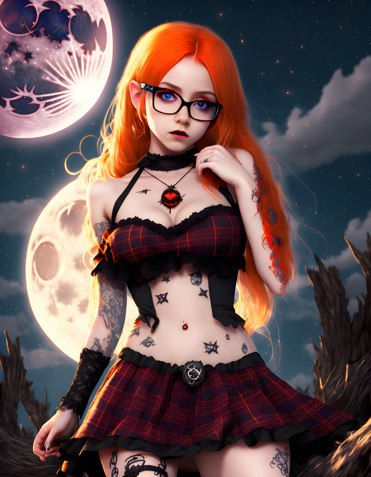 Stylized illustration of woman with red hair, blue glasses, tattoos, black and red outfit,