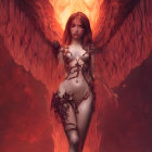 Fantastical female figure with large wings and ornate armor against glowing orange sphere and swirling red tones