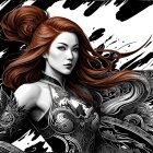 Warrior woman with red hair, wolves, black and white backdrop