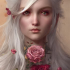 Pale-skinned person with blue eyes, white hair, and pink rose crown portrait.