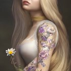 Digital artwork: Woman with long blonde hair, roses, tattoos, white dress, leafy backdrop