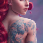 Red-haired woman with sea-themed tattoos and surreal oceanic backdrop.