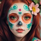 Colorful sugar skull face mask portrait with floral patterns and vibrant colors.