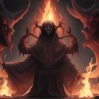 Dark fantasy scene: Cloaked figure, glowing eyes, flaming wings, horned helmet, fiery dragons