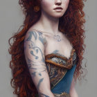 Digital artwork featuring woman with voluminous red curly hair, tattoos, teal and gold dress
