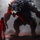 Person in red cloak confronts giant wolf in misty forest with smaller wolves - fantasy setting