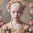 Portrait of woman with pink rose crown, alabaster skin, golden eyes, and rose blush