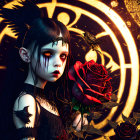 Gothic fantasy figure with dark makeup holding red rose, surrounded by ornate patterns and blackbirds