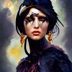 Dark-haired woman with flowers and raven in mystical fantasy illustration