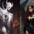 Regal fantasy characters in intricate armor with wings on moody backdrop