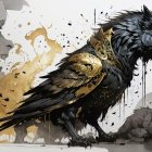 Stylized ravens with gold and black feathers on light background